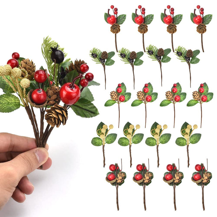BUZIFU 20pcs Weihnachtsbeeren Picks künstliche Tannenzapfen Weihnachtsdekoration Aussen Weihnachtsbe