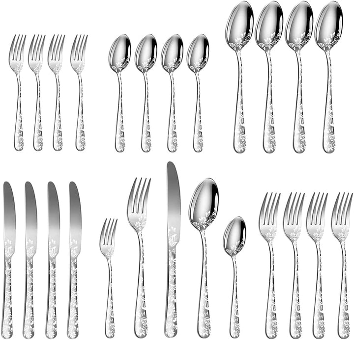 Aoresac Besteck-Set für 4 Personen, 20 Stück, aus Edelstahl, poliertes Muster, mit Blumenspiegel, in