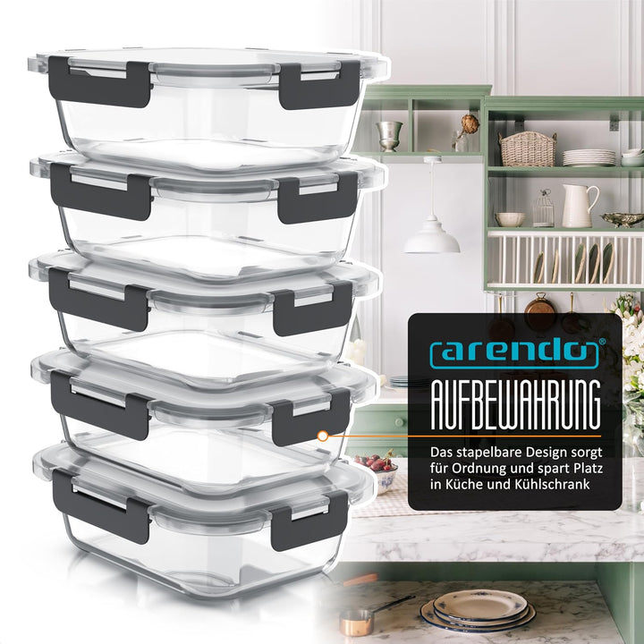 Arendo - Lunchboxen Glas - Frischhaltedosen für Lebensmittel mit Deckel luftdicht - 5er Set - 1000 m