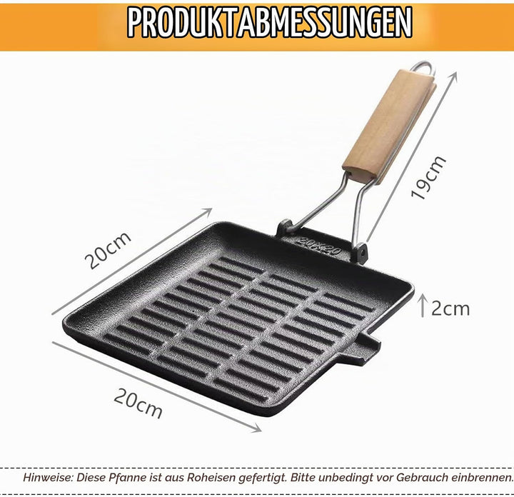 Steakpfanne Gusseisen 20×20 cm Grillpfanne mit Klappbarem Holzgriff Viereckige Grill Pan Induktion F