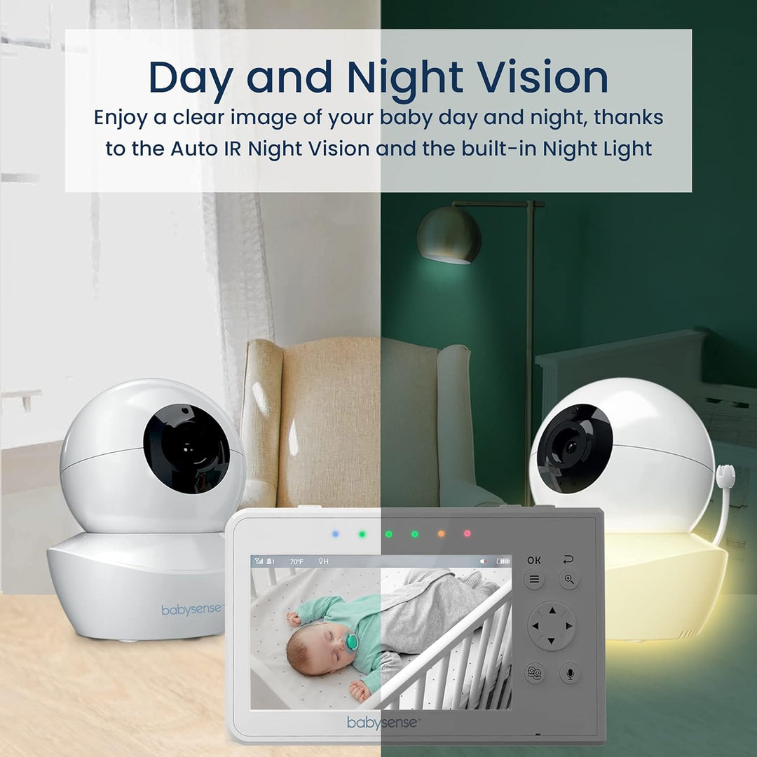 Babysense Babymonitor mit Geteilter Bildschirm 4,3“, Video Babyphone mit zwei Kameras, PTZ-Funktion,