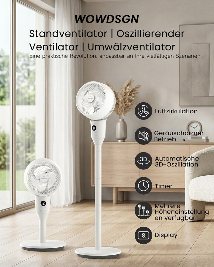 WOWDSGN 22 dB leiser Standventilator, 3D Luftzirkulator Oszillation Ventilatoren, Timer, Aroma-Funkt