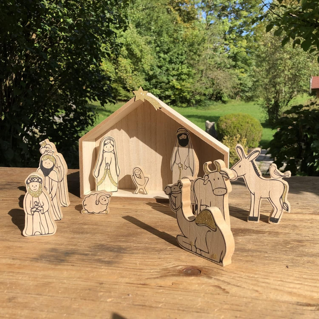 13-tlg. Set Weihnachtskrippe aus Holz mit Figuren - 25 x 19 x 6 cm (L/B/T) Krippe aus Holz - Tischkr