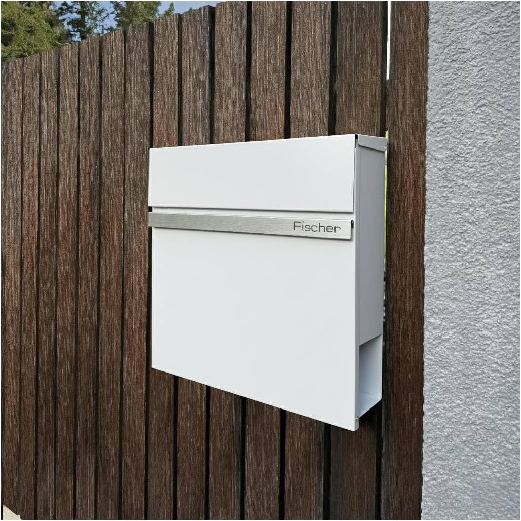 Metzler Briefkasten mit Zeitungsfach Weiss - Personalisiert mit Edelstahl V2A Namensschild - Pulverb