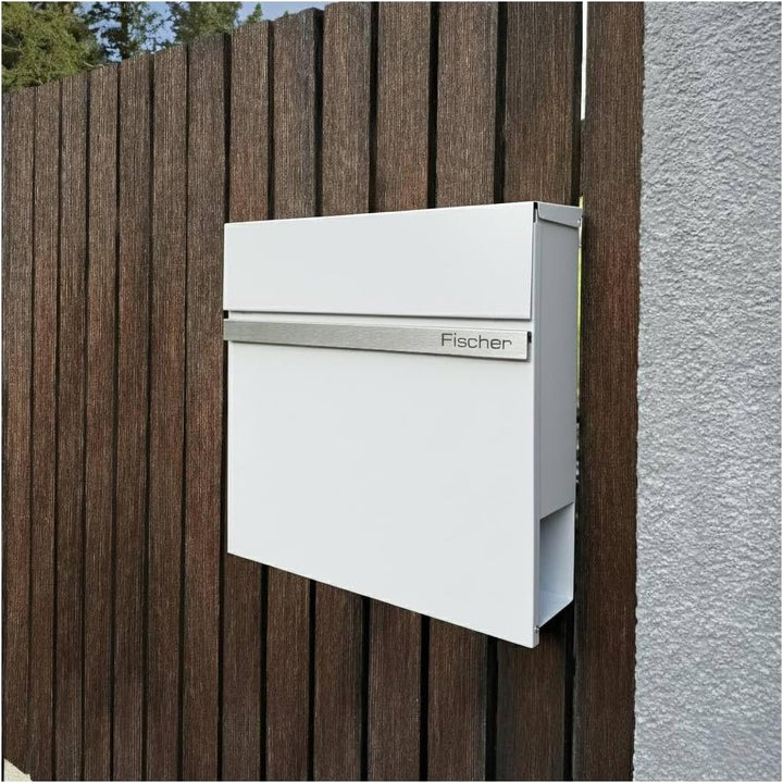 Metzler Briefkasten mit Zeitungsfach Weiss - Personalisiert mit Edelstahl V2A Namensschild - Pulverb