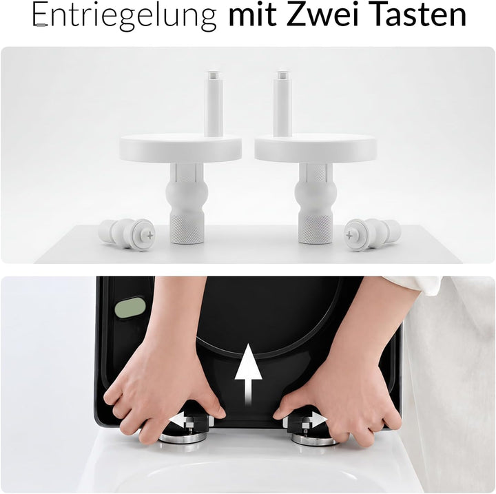 Toilettendeckel D-Form Schwarz 46,5x36cm, WC Sitz Eckig Modern mit Verstellbaren Scharnieren, Klodec
