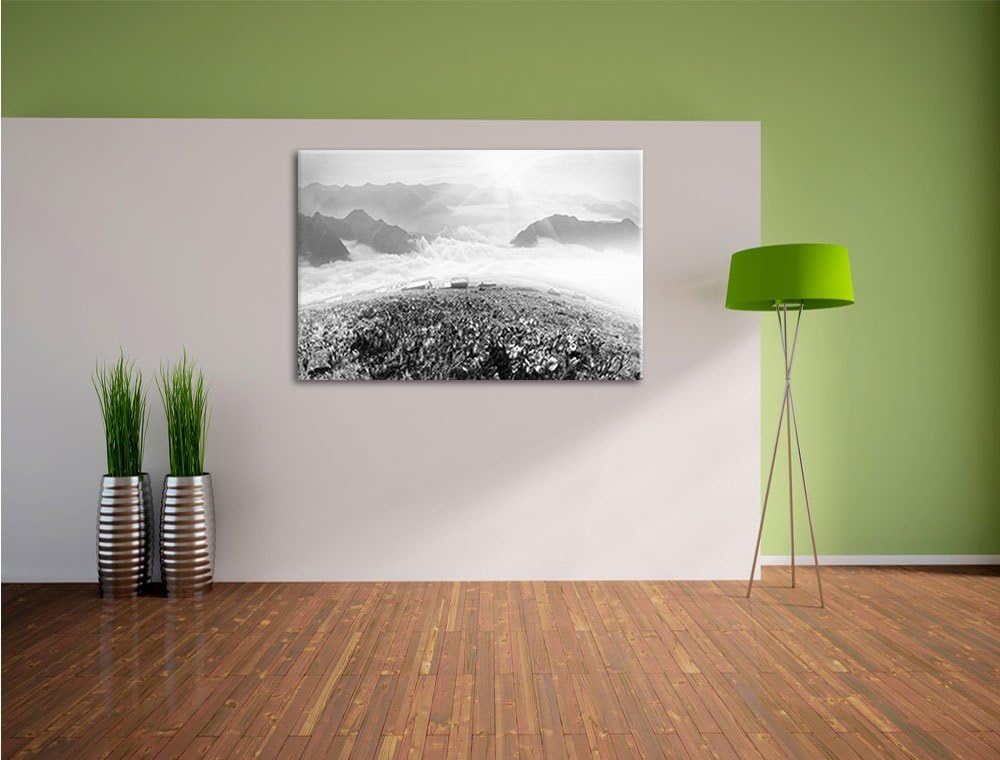 Pixxprint Blühende lilane Krokusse mit Aussicht auf die Berge Kunst B&W, Format: 100x70 auf Leinwand