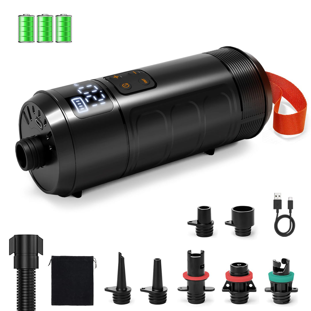 Mojimdo Elektrische SUP Pumpe, Kabellose Luftpumpe bis 12 PSI mit Auto-Stopp, Digitalanzeige & 7 Ven