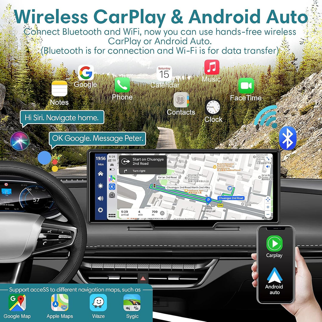 Tragbares Autoradio mit Wireless Carplay und Android Auto, Dashcam, Rückfahrkamera, Loop-Recording,
