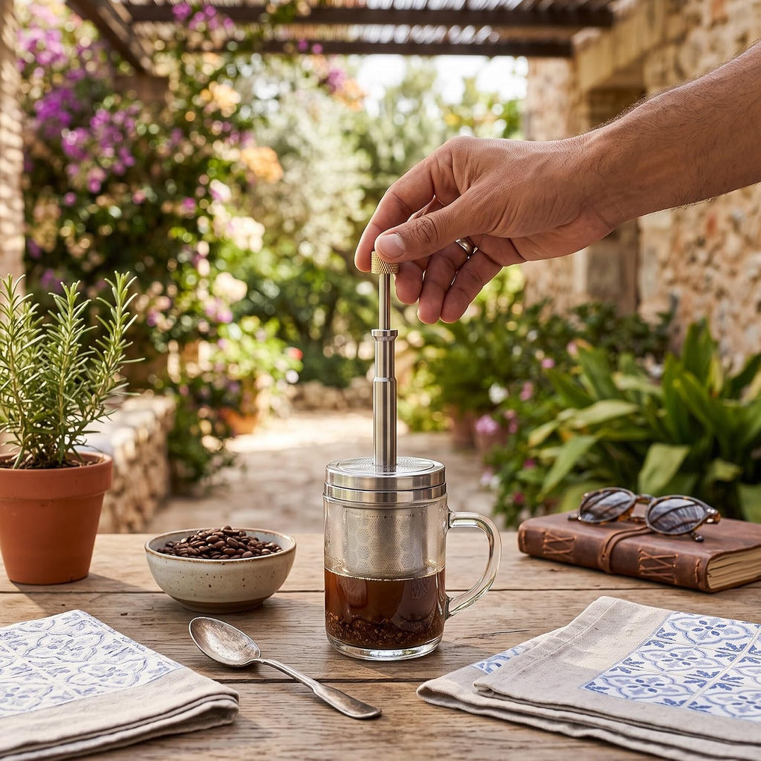 Tragbare Mikro-French-Press aus Edelstahl, Wiederverwendbare Kaffee- und Teefilterpresse, Federantri