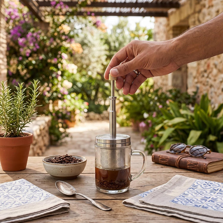 Tragbare Mikro-French-Press aus Edelstahl, Wiederverwendbare Kaffee- und Teefilterpresse, Federantri