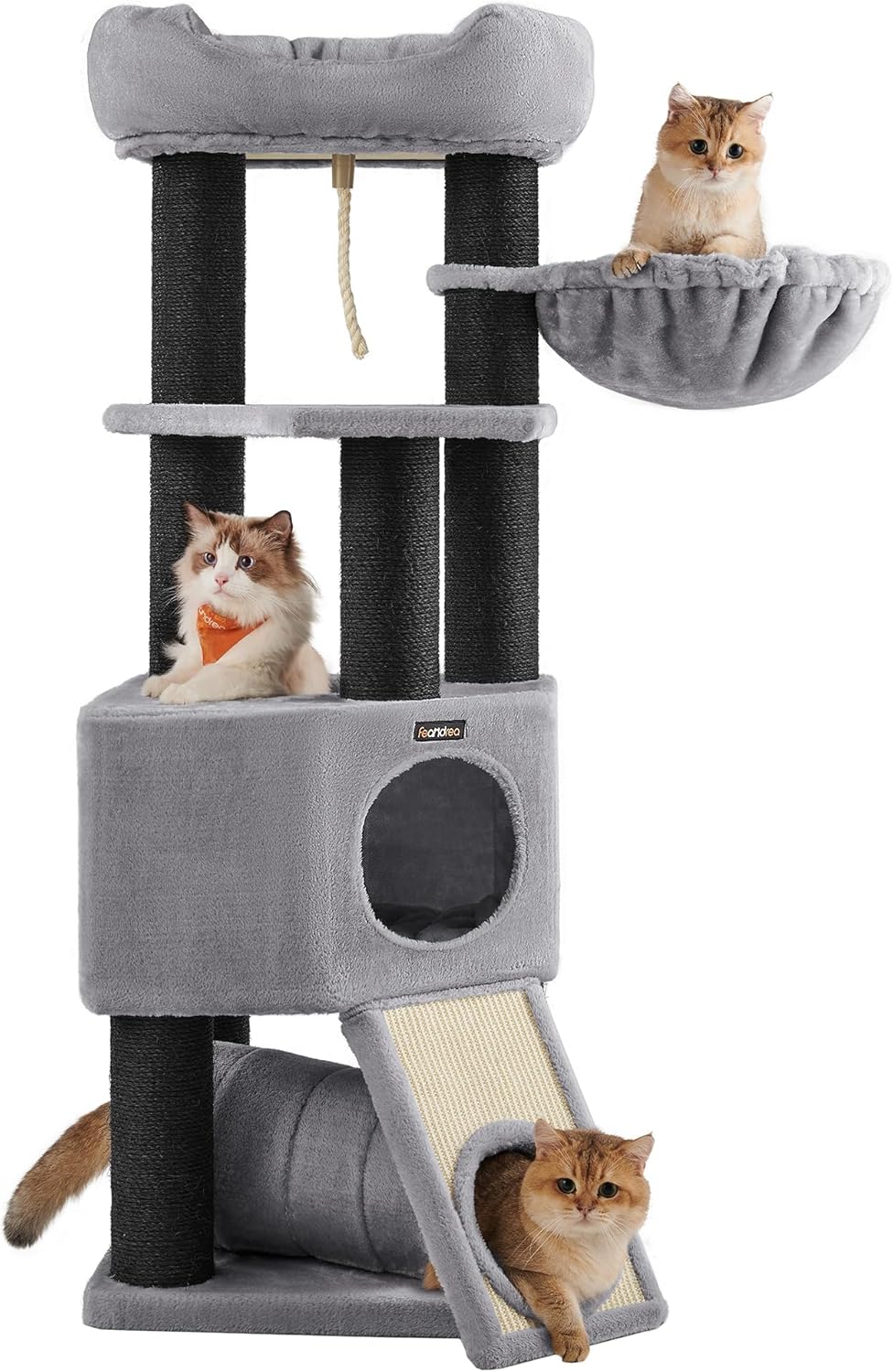 Feandrea Grosser Kratzbaum, M Katzenbaum, mit Höhle, Hängematte, Plüschplattform, Tunnel, Sisalstämm