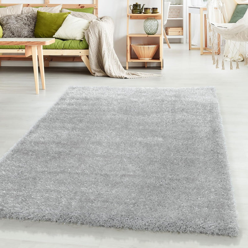 HomebyHome Shaggy Teppich Läufer Flur 60x110 cm - 50 mm Florhöhe Hochflor Wohnzimmerteppich Silber E