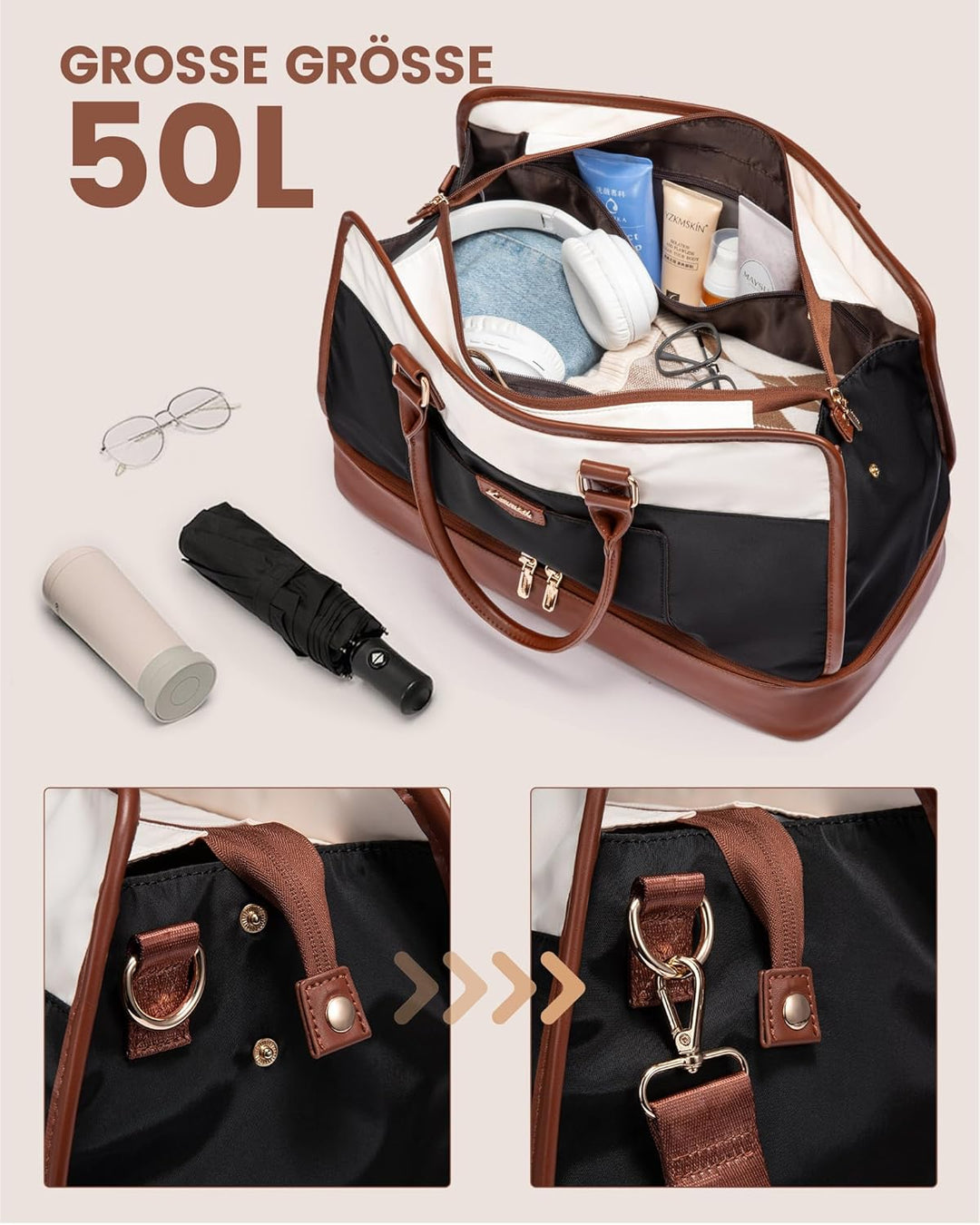 LOVEVOOK Reisetasche Weekender Damen Gross, 50L Handgepäck Tasche für Flugzeug, Kliniktasche Geburt