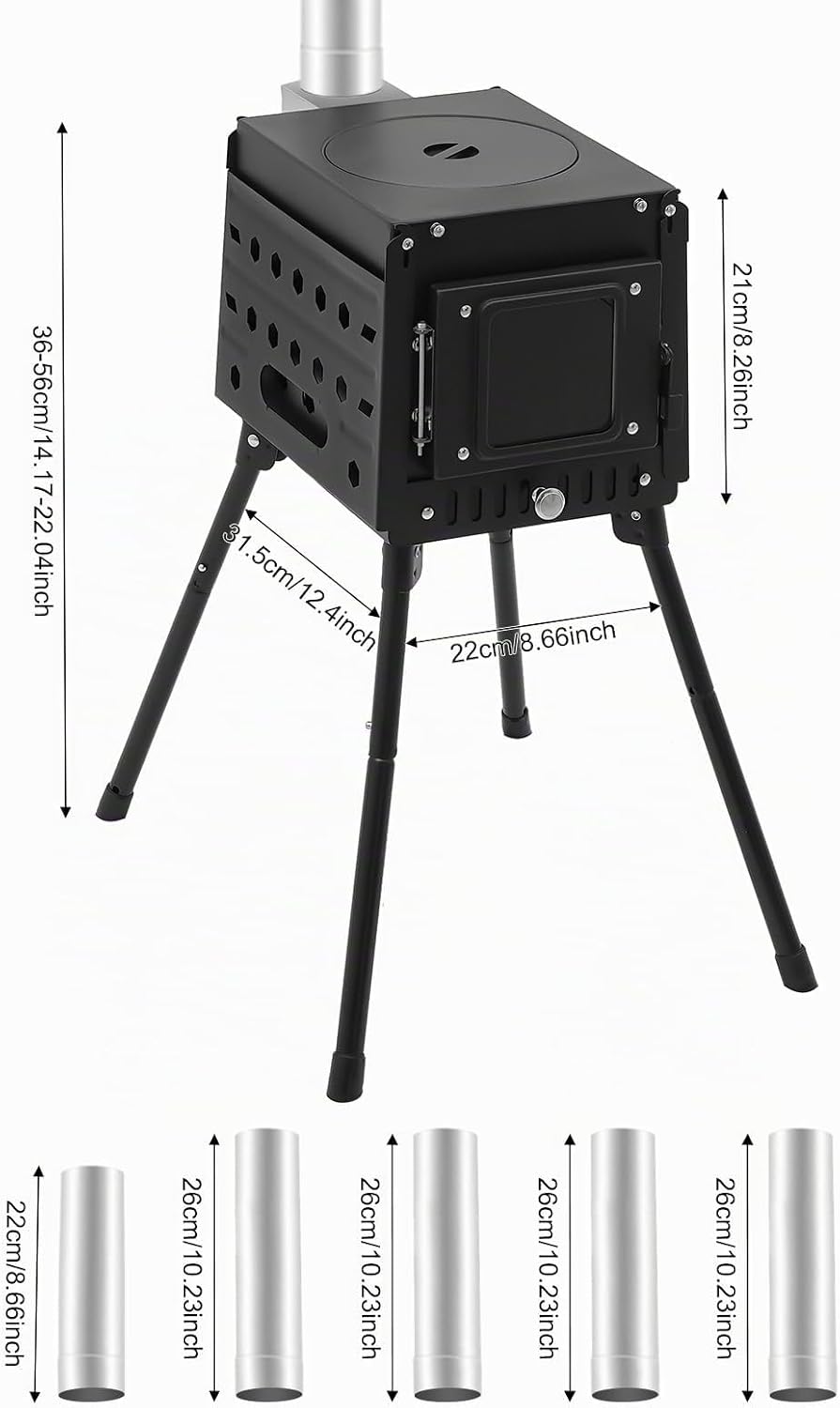 Klappbarer Holzofen Camping mit Schornstein, Höhenverstellbar 36-56cm Tragbarer Zeltkocher für Outdo