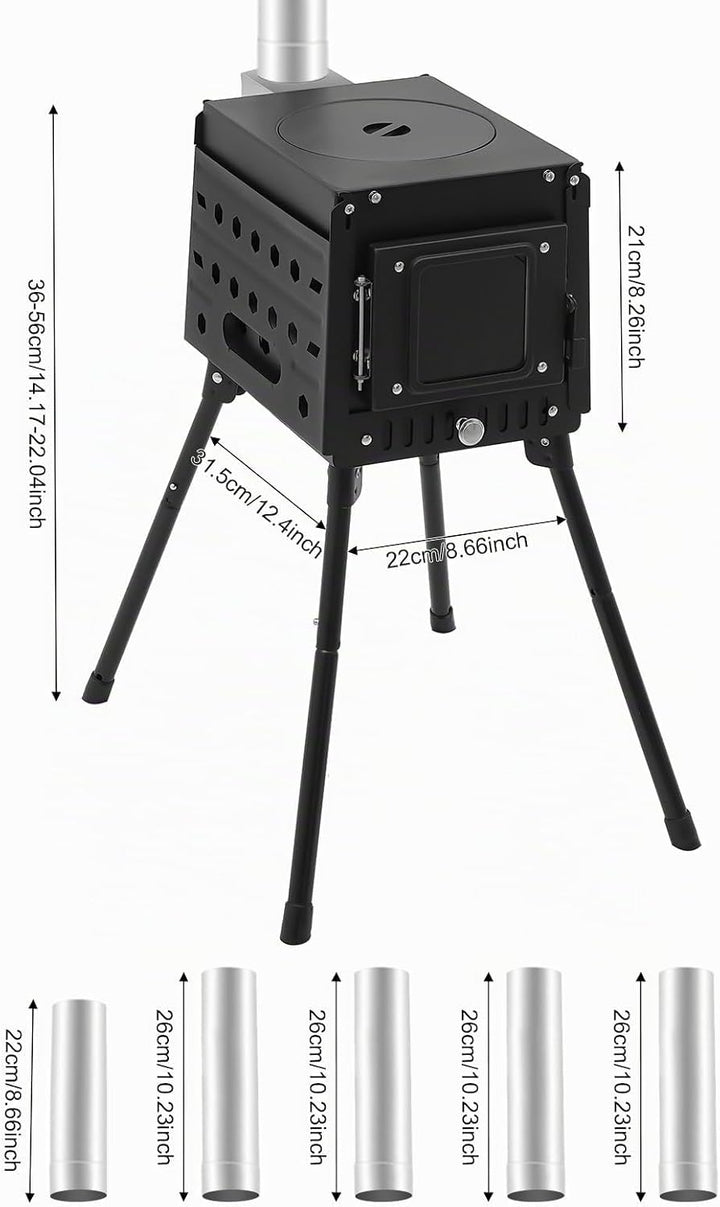 Klappbarer Holzofen Camping mit Schornstein, Höhenverstellbar 36-56cm Tragbarer Zeltkocher für Outdo