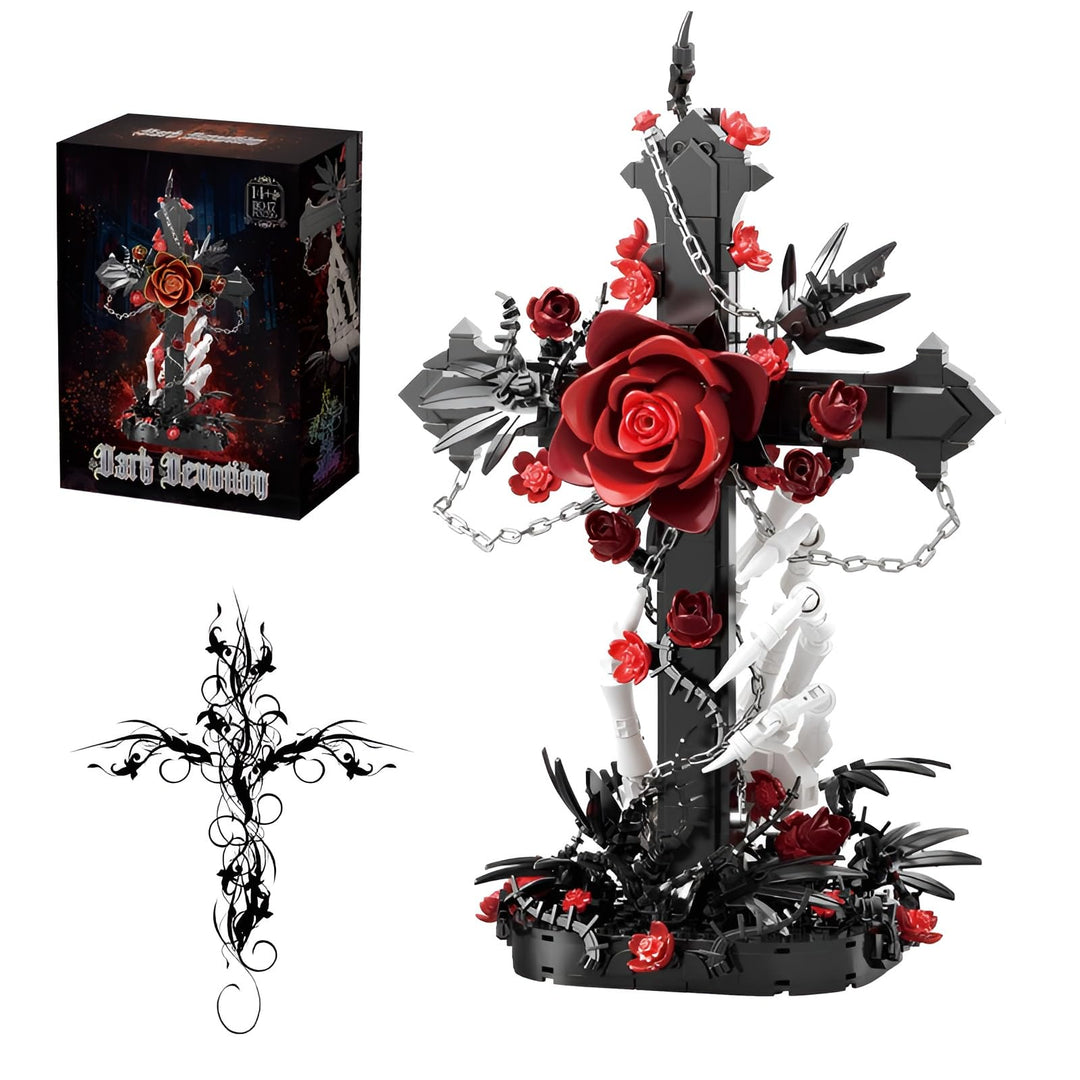 Gothic Kreuz Rote Rose Baukasten, 720PCS Skeletthand Sammelbares Blumenstein-Modell, Dunkle Botanisc
