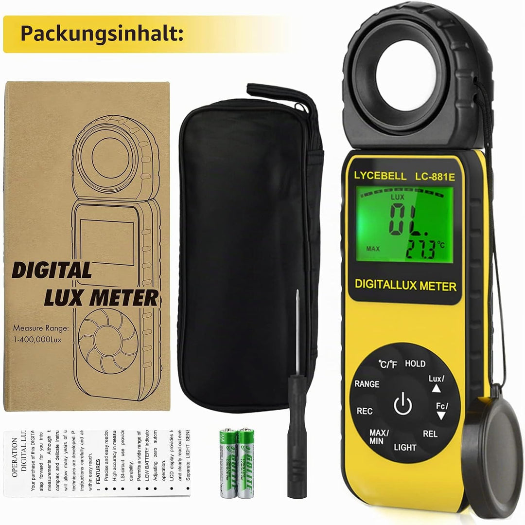 Digital Luxmeter, LC-881E Belichtungsmesser 0.1-300,000 Lux mit Hintergrundbeleuchtung, Lichtmessger