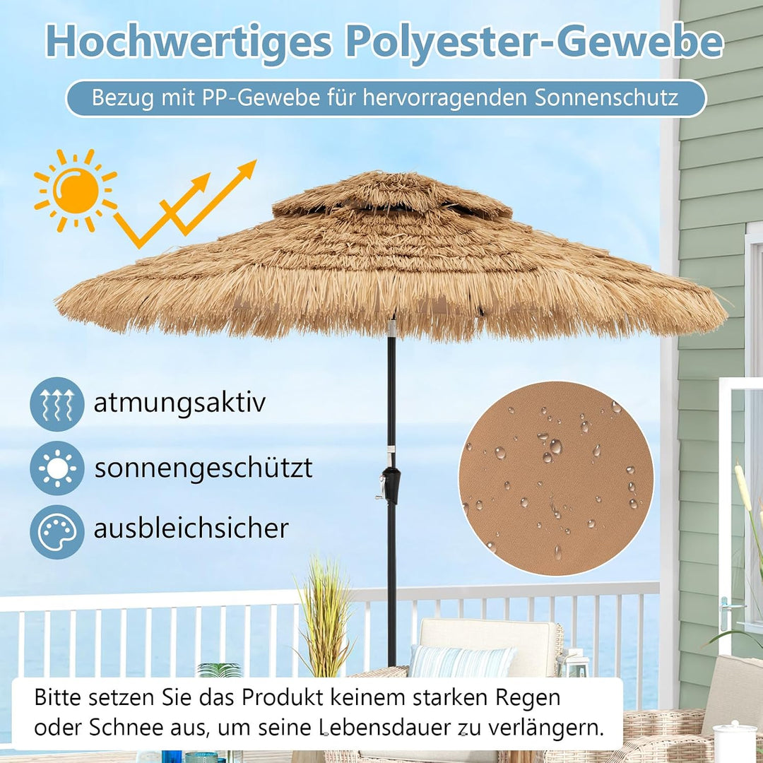 GOPLUS Sonnenschirm Hawaii, Ø 270 cm Strohschirm um 30° knickbar, Strandschirm mit LED-Solar-Beleuch