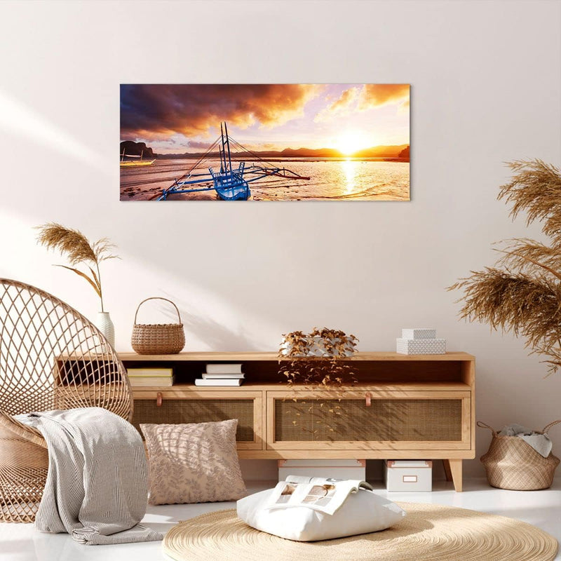 Panorama Bilder auf Leinwand 100x40cm Leinwandbild Ufer Boot Strand Gross Wanddeko Bild Schlafzimmer