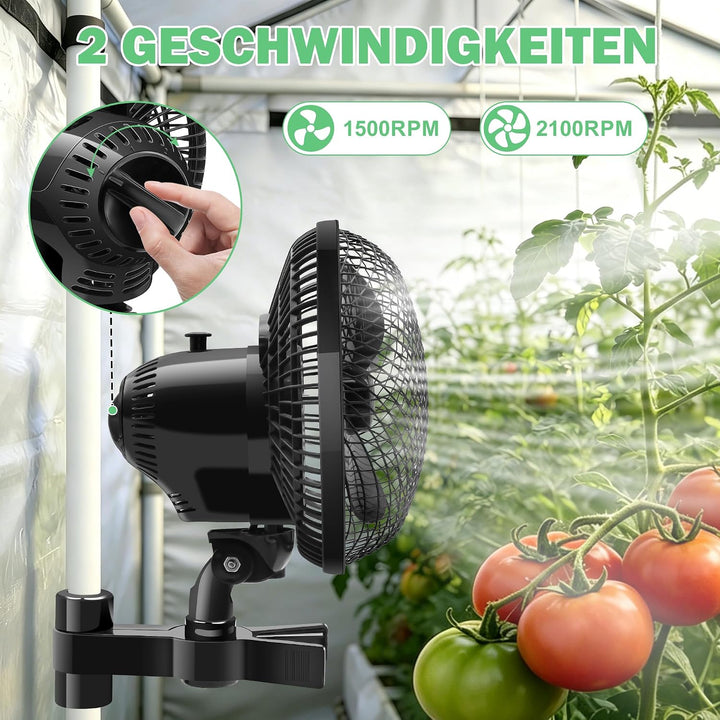 Oszillierender Grow Ventilator mit 2 Stufen, Clip Lüfter 20W | Stabiler Metallschutzgitter, Hitzebes