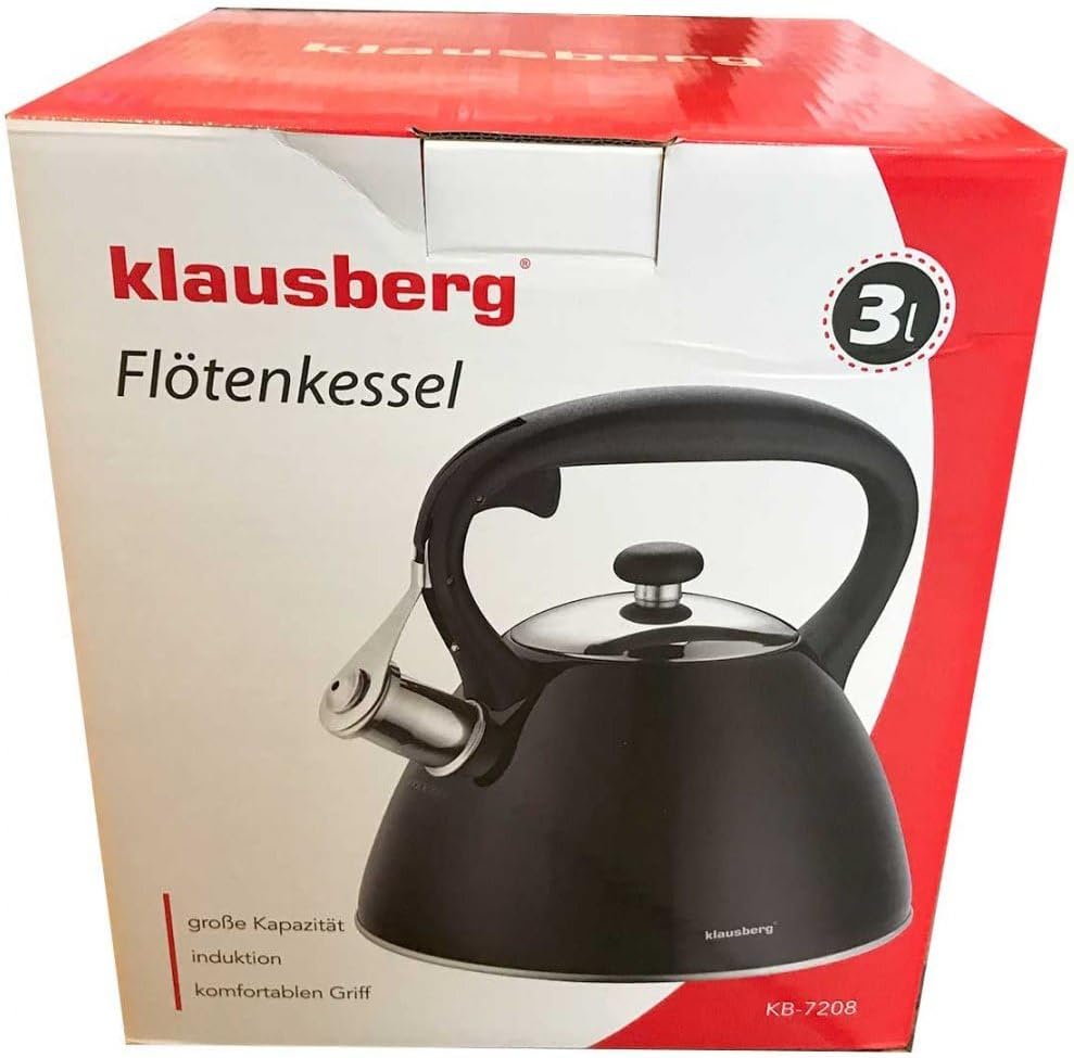 Klausberg Schwarz Edelstahl Flötenkessel Teekessel Wasserkessel 3,0 Liter KB-7208, Schwarz