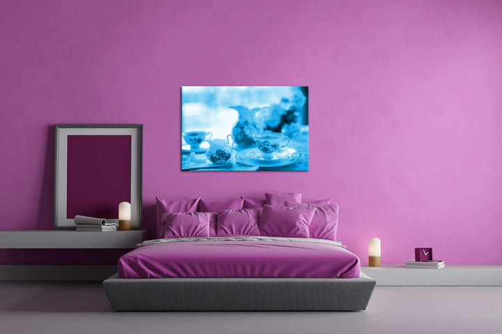 deyoli edles Teegeschirr Format: 80x60 Effekt: Monocrome Blau als Leinwand, Motiv fertig gerahmt auf