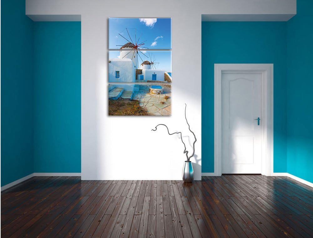 Pixxprint Windmühlen am Mittelmeer als Leinwandbild | Grösse: 3 Teilig (120x80) | Wandbild| Kunstdru