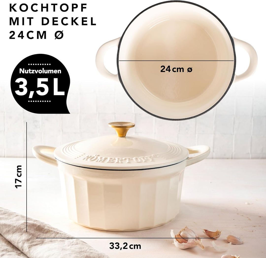 Römertopf Gusseisen Topf mit Deckel 24 cm – Bräter & Schmortopf emailliert, Dutch Oven für alle Herd