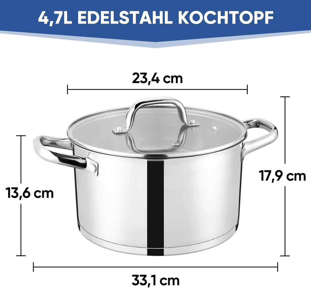 22cm Kochtopf, Onader 3-Lagiger Boden Edelstahl Topf Induktion mit Glasdeckel, 4,7L Nudeltopf Suppen