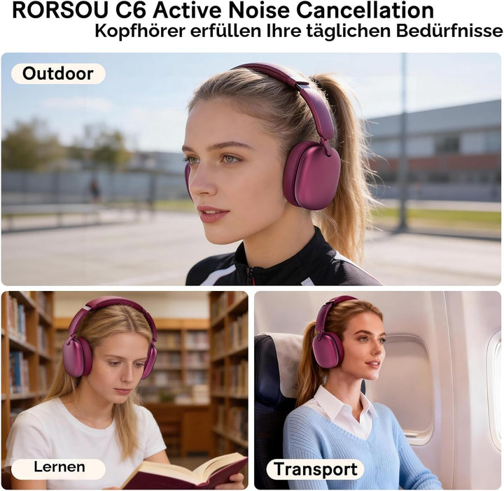 RORSOU C6 Aktive Noise-Cancelling-Kopfhörer, Drahtlose Over-Ear Bluetooth-Kopfhörer, 60 Stunden Spie
