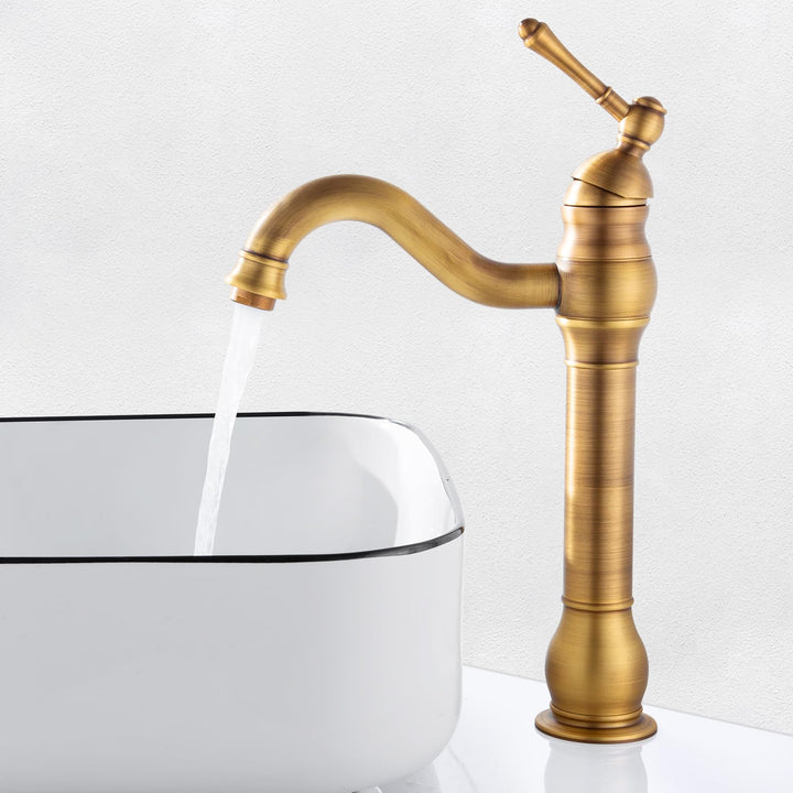 ROWINNAO Wasserhahn Bad Hoch Antikes Messing, Retro Gold Waschtischarmatur Hoch, 360° Schwenkbar Ein