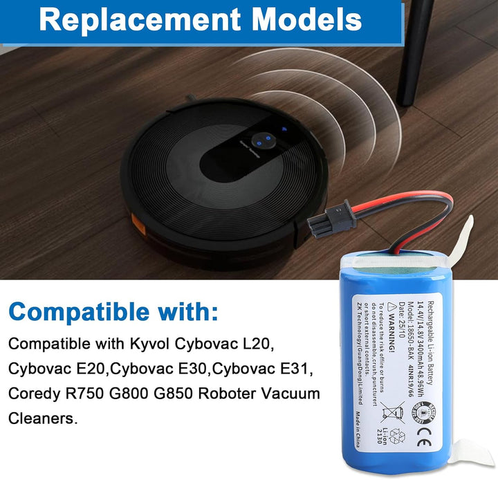 3400mAh ErsatzAkku Kompatibel mit Kyvol Cybovac L20 E20 E30 E31 Coredy R750 G800 G850 Robot Vacuum C