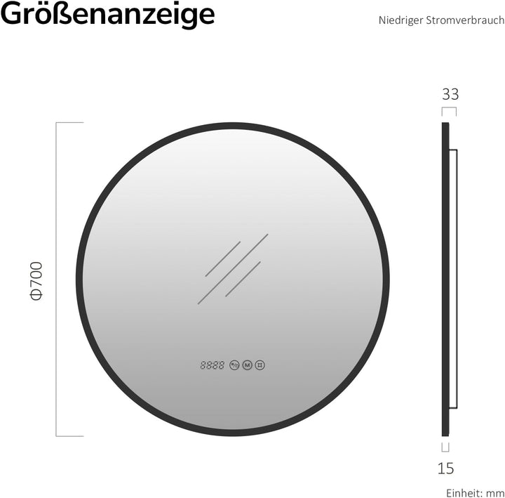 EMKE LED Badspiegel Rund Spiegel mit Beleuchtung ф70cm Badspiegel Schwarzer Rand Badezimmerspiegel m