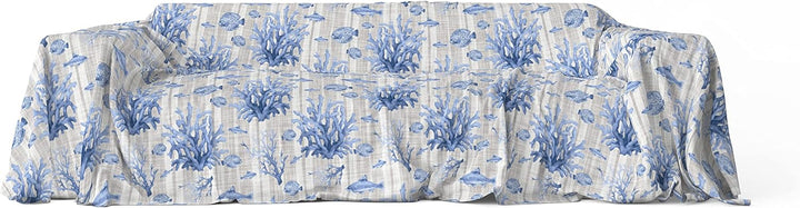 Gran Foulard Überwurf Tagesdecke Sofabezug Loneta Stoff (Fische blau, 1 Einzelbett) Blaue Fische Ein