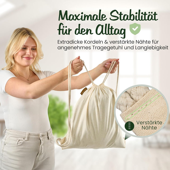 Baumwoll 10er SetNatur Turnbeutel Sportbeutel Zuziehbeutel Gymsack Sack Jute Schule Rucksack, Natur