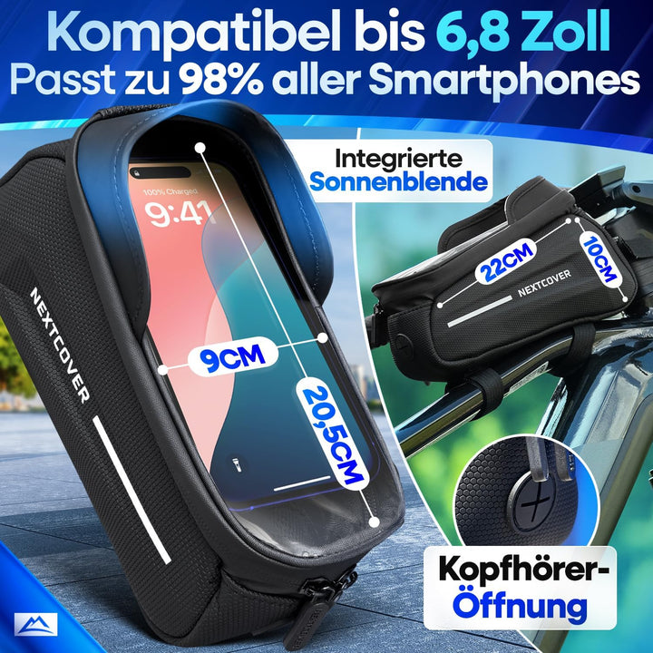 Nextcover® Rahmentasche Fahrrad mit Handytasche I Fahrrad Rahmentasche mit Touchscreen I Fahrradtasc