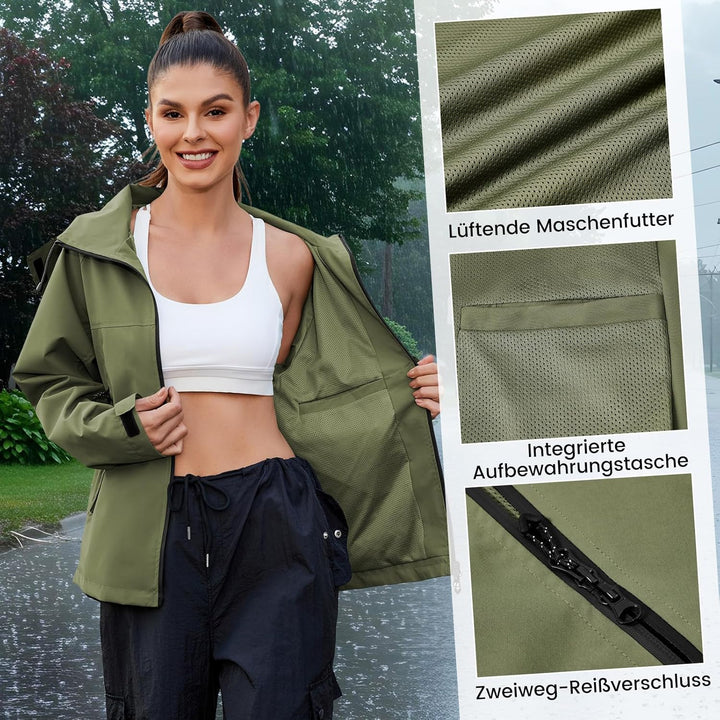 PONCEAU Damen Wasserdicht Regenjacke Leichte Wasserdicht Outdoorjacke Atmungsaktiv & Winddicht, Vers