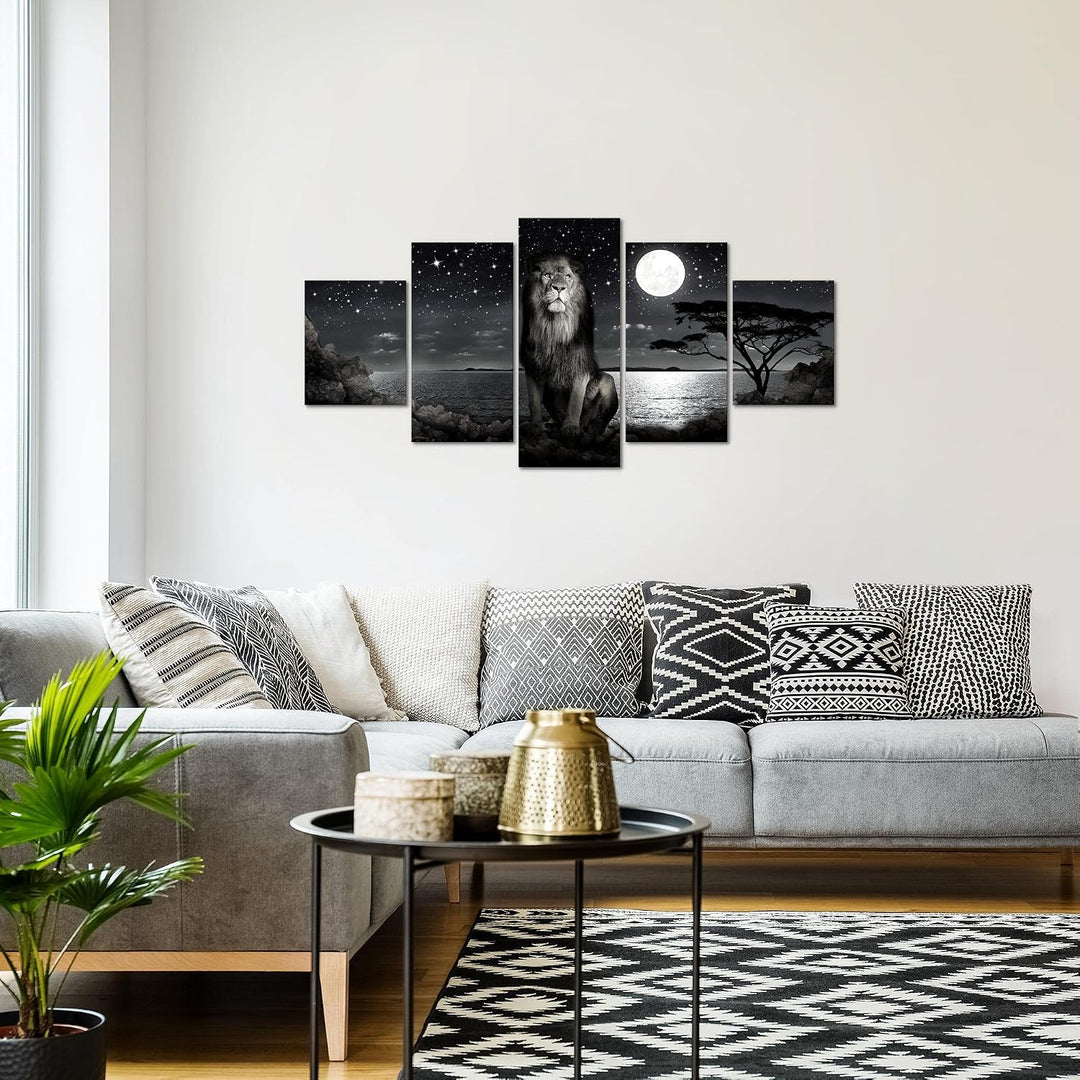 Runa Art Wandbilder Afrika Löwe 5 Teilig Bild auf Vlies Leinwand Deko Wohnzimmer Schlafzimmer Savann