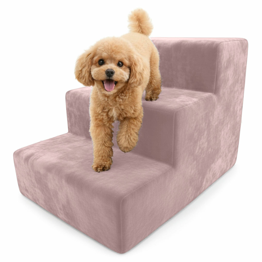 Muralo Hundetreppe 3 Stufen für Kleine Hunde, Katzen, Velvet - Rosa | Haustiertreppe 30 cm, rutschfe