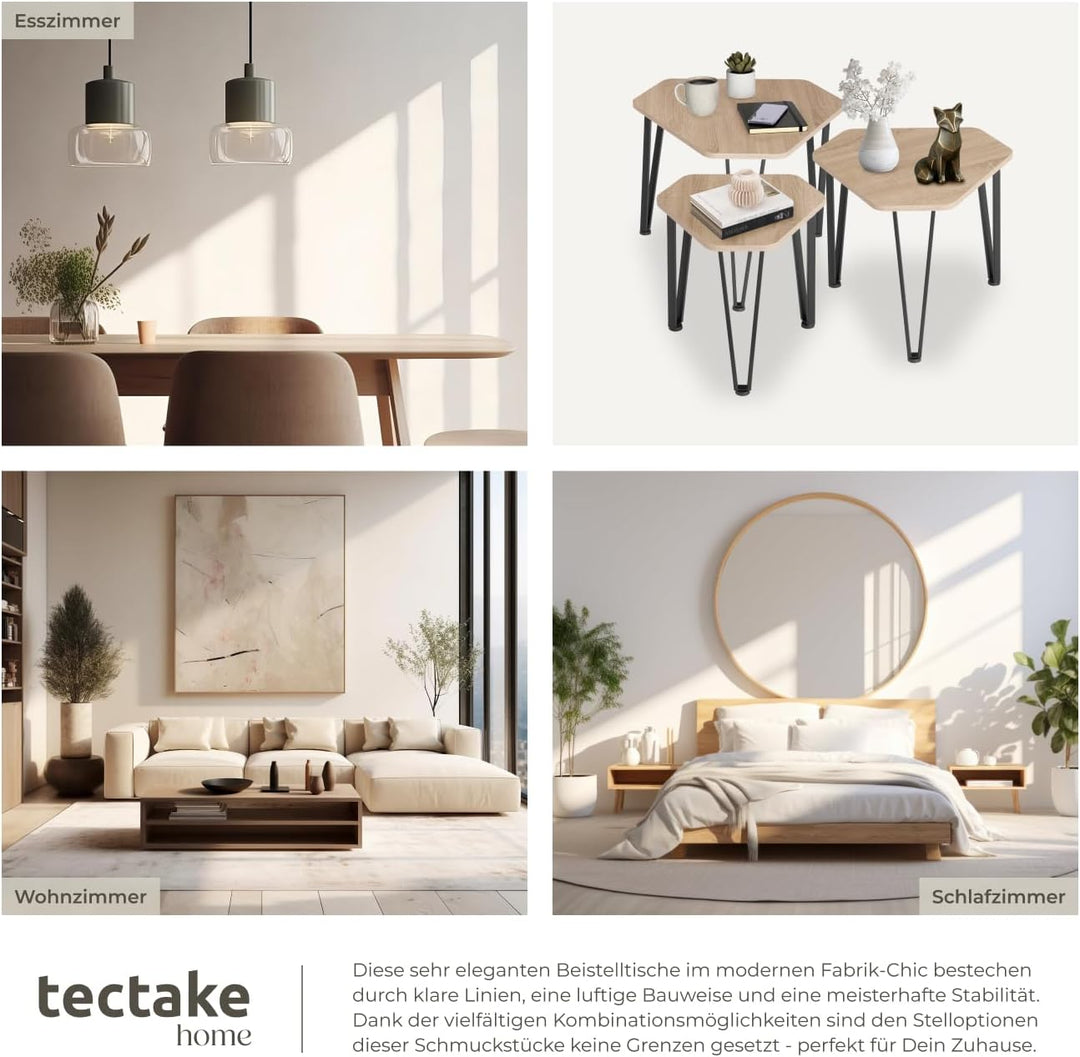 tectake Beistelltisch 3er Set, sechseckiger Couchtisch in 3 Grössen, Industrie-Stil, Holz Satztische
