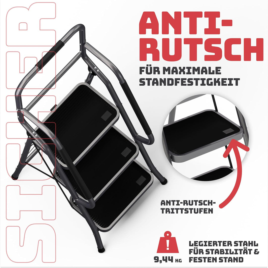 Sicherheitsleiter 3 Stufen Klappbar I TÜV Rheinland Zertifiziert I Belastbar bis 150kg I Anti-Rutsch