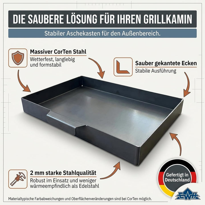 EWH Aschekasten für Grill aus wetterfestem CorTen Stahl/Edelrostoptik (49 x 34 cm) Aschebehälter/Asc
