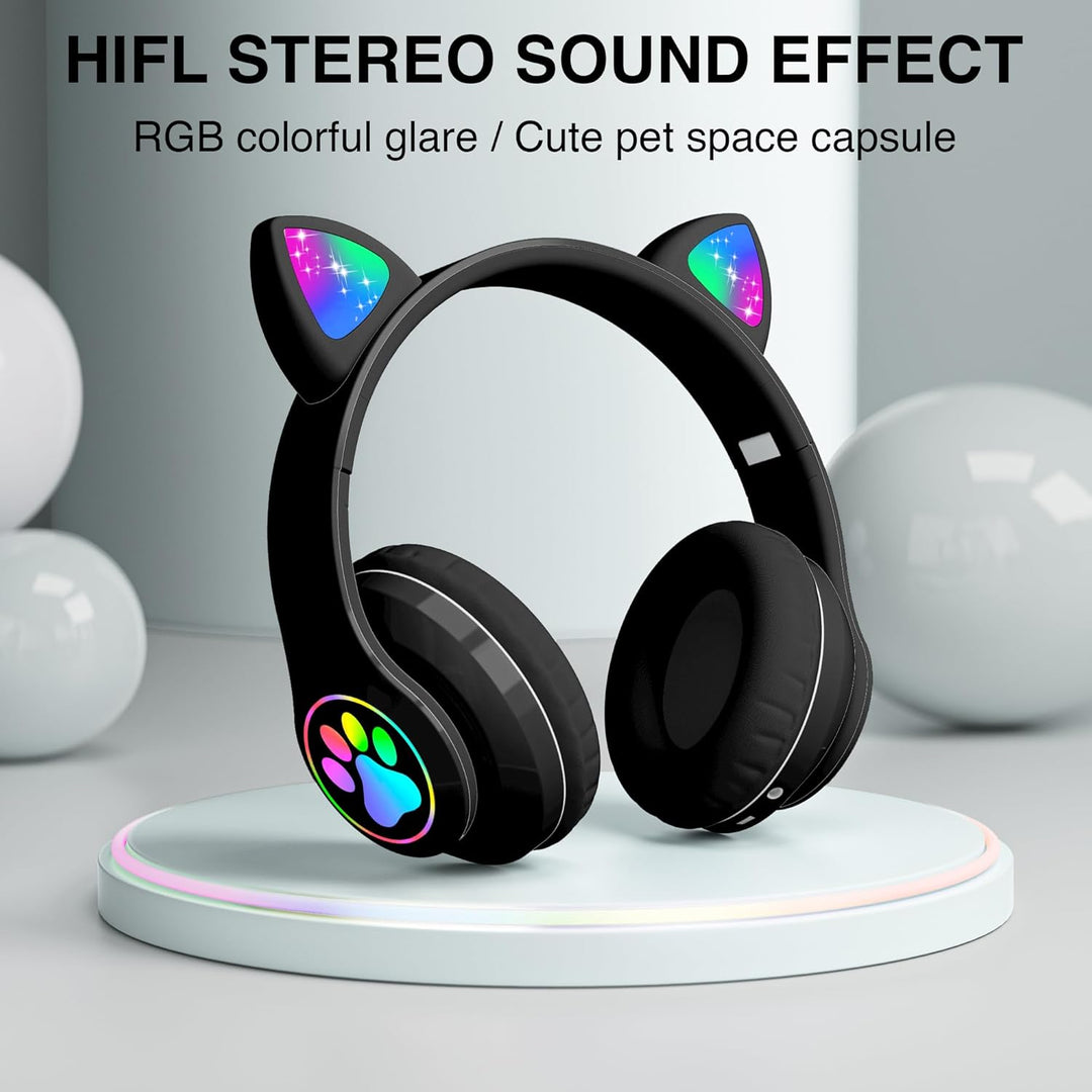 OHAANYY Katzenohr Kopfhörer Kindergeburtstag Geschenke Kind LED Katzenohren Einhorn Bluetooth Kabell
