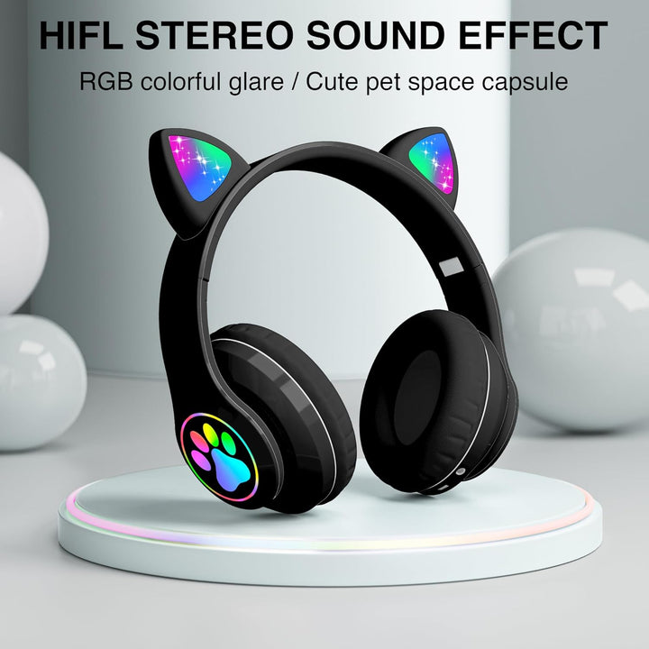 OHAANYY Katzenohr Kopfhörer Kindergeburtstag Geschenke Kind LED Katzenohren Einhorn Bluetooth Kabell