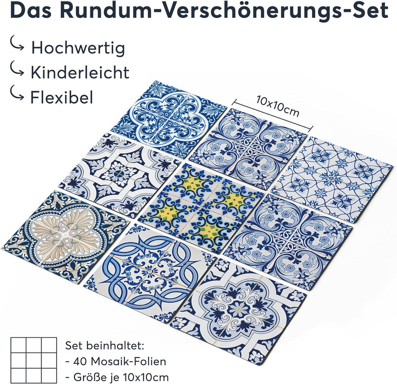 40 Stück Fliesenfolie für Bad und Küche 10x10 cm - Mosaikfliesen, Fliesensticker - Stickerfliesen, F