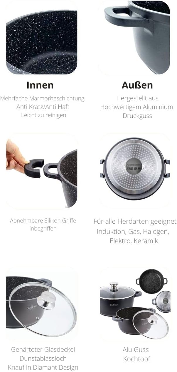 Cheffinger Kochgeschirr 6 tlg Topf Induktion Alu Guss Pfanne Set Kochtopfset