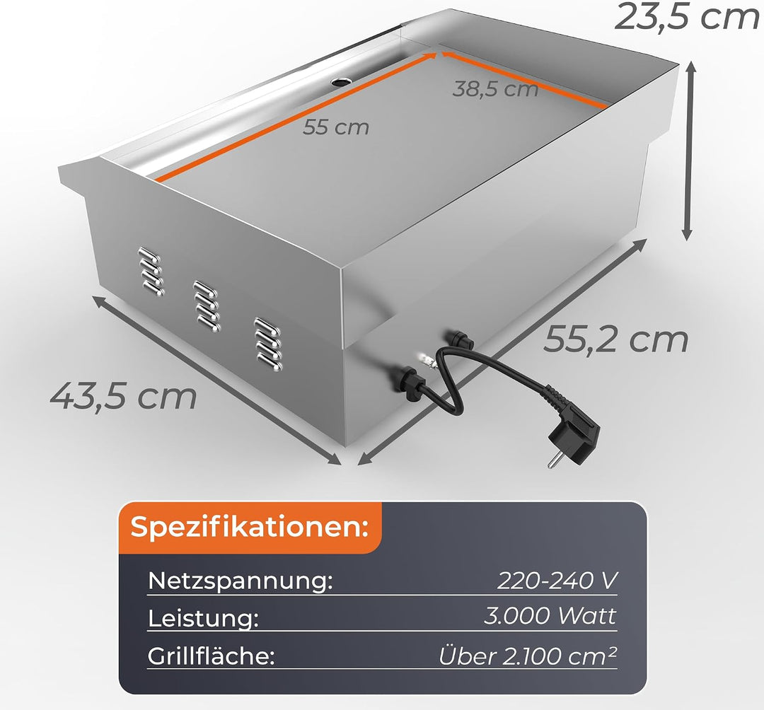 KLAMER Elektrogrill Edelstahl 3000W, XL Grillplatte 54,5x38,5 cm Tischgrill Maxi-Grill Glatt, Maxi-G