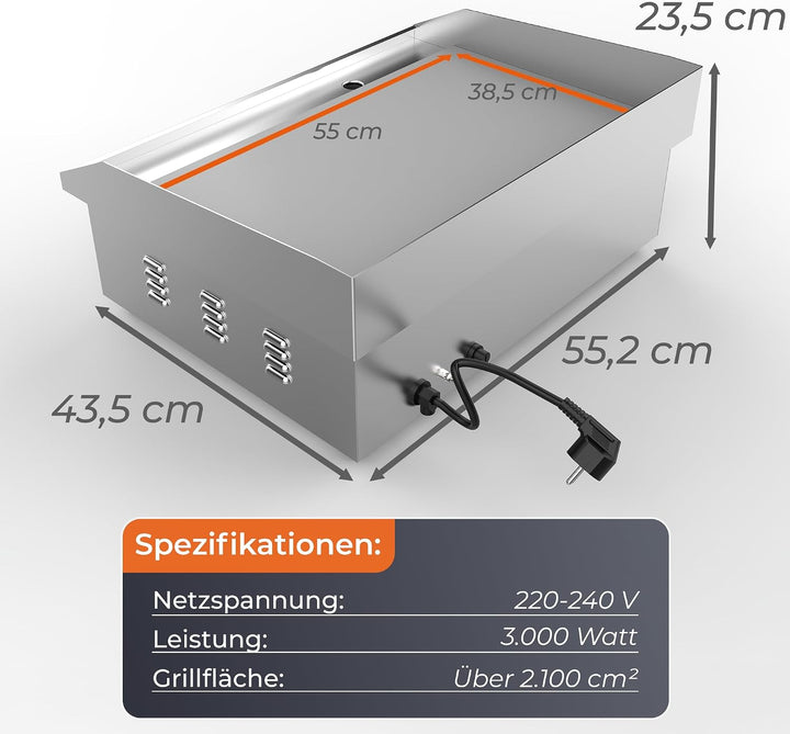 KLAMER Elektrogrill Edelstahl 3000W, XL Grillplatte 54,5x38,5 cm Tischgrill Maxi-Grill Glatt, Maxi-G