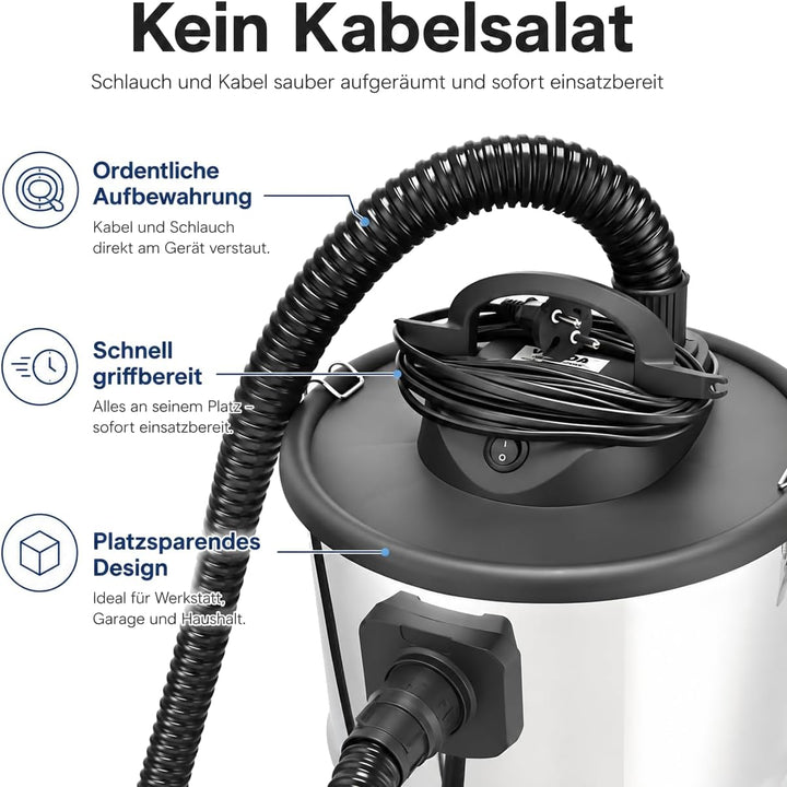 Aschesauger 20L Kaminsauger 1650W + Blasfunktion + DUAL Filter System + 4 Rollen SN121